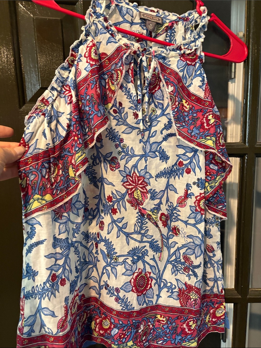Point Sur Red & Blue Floral Cold-Shoulder Blouse